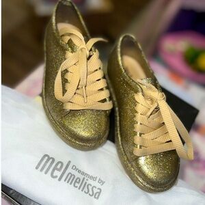 Excellent condition gold glitter little kids mini melissa shoes with laces